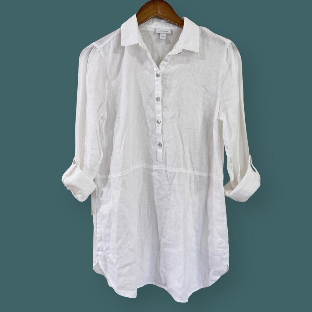 J Jill Love Linen Womens Roll Tab Sleeve Popover Tunic Top XS 100% Linen White